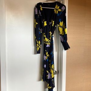 Halogen Floral Wrap Midi Dress - Black, Yellow, Purple